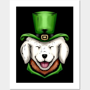 Cute White Dog Golden Retriever Green Hat St Patricks Day Posters and Art